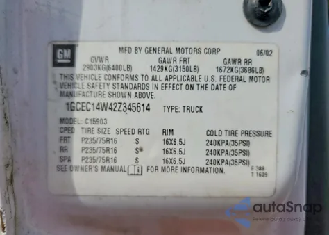 2002 Chevrolet Silverado C1500 z USA, uszkodzony, nr VIN 1GCEC14W42Z345614